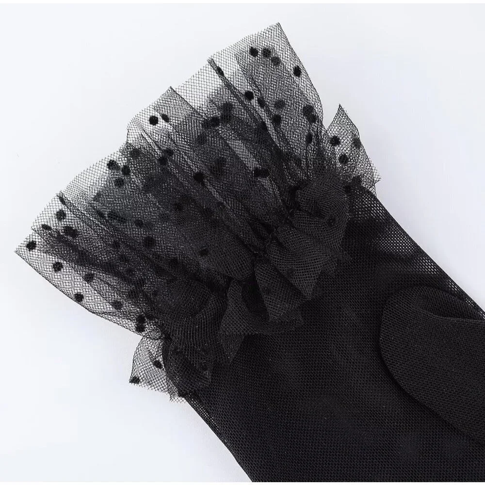 Women's Short Lace Black Tulle Sheer Mesh Tea Party Prom Gloves Banquet Costume